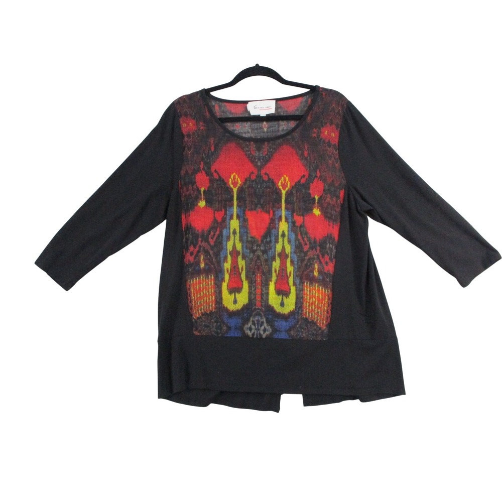 Two by Vince Camuto Womens Black Ikat Graphic Print Split Back Top L/S Large